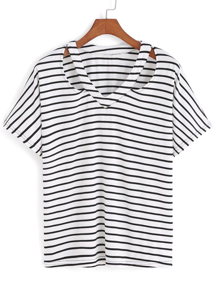 Romwe V Neck Striped Hollow T-shirt