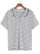 Romwe V Neck Striped Hollow T-shirt