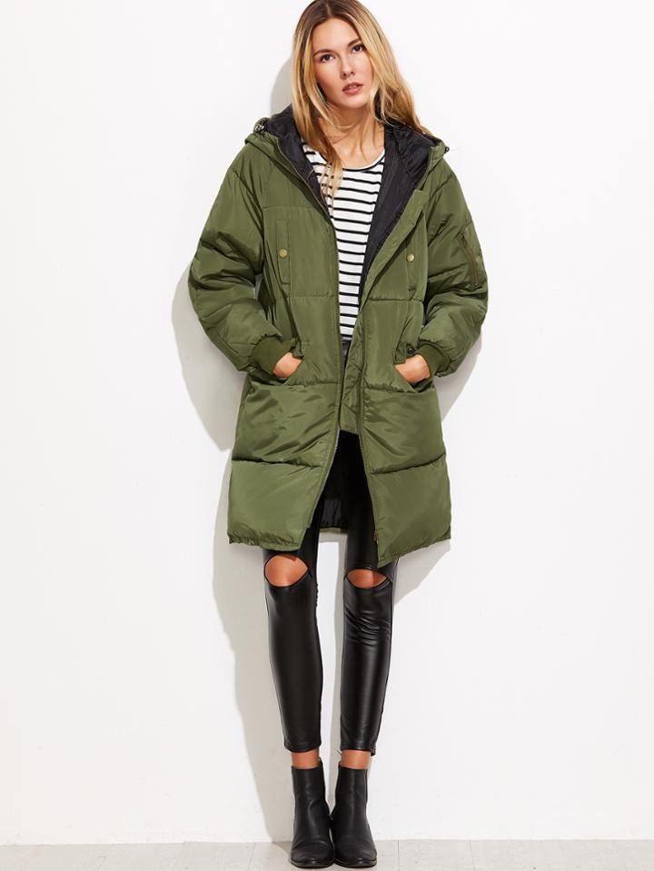 Romwe Army Green Sleeve Zip Detail Hooded Padded Coat