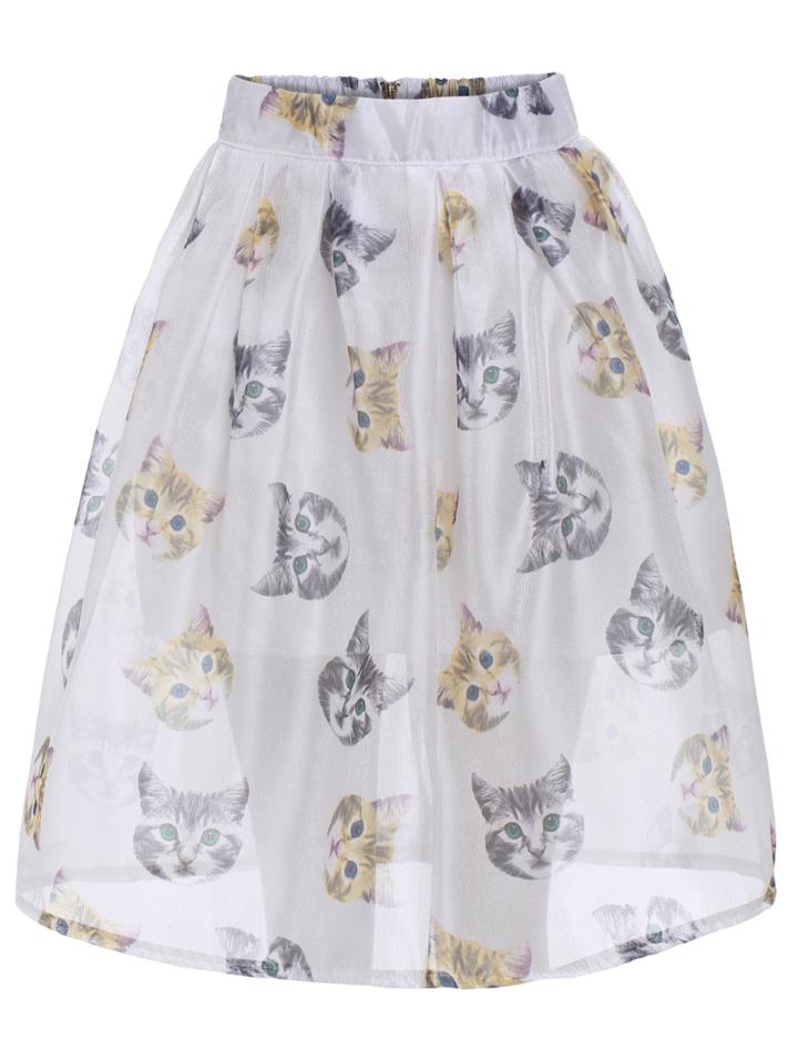 Romwe With Zipper Cat Print Flare Skirt