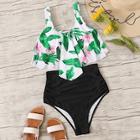 Romwe Random Tropical Hanky Hem Top With Ruched Bikini