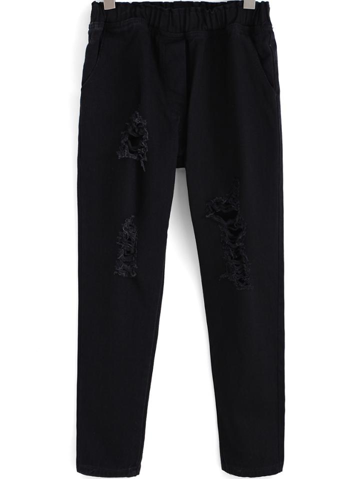 Romwe Elastic Waist Ripped Denim Pant