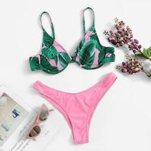 Romwe Random Tropical Underwire Top With High Cut Bikini