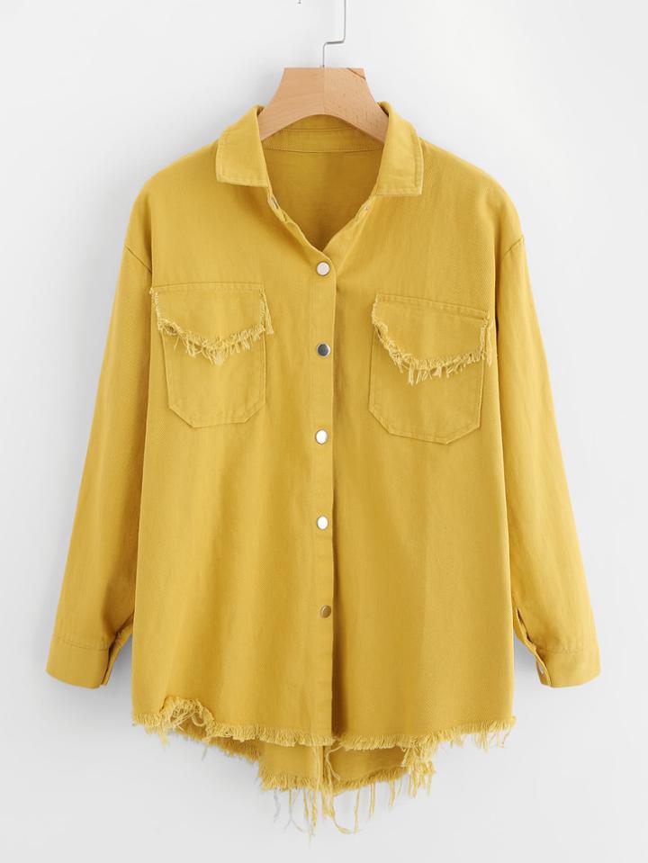 Romwe Dip Hem Fray Trim Denim Shirt