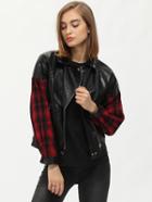 Romwe Black Lapel Contrast Red Plaid Sleeve Zipper Jacket