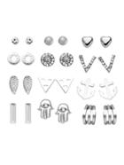 Romwe Silver Plated Rhinestone Multi Shape Stud Earrings Set