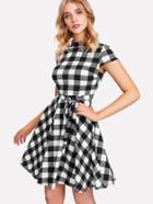 Romwe Belted Waist Fit & Flare Gingham Dress