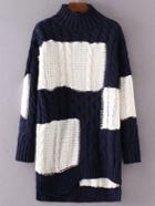 Romwe Blue Color Block Cable Knit Long Asymmetrical Sweater