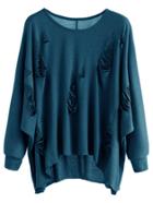 Romwe Indigo Blue Dip Hem Ripped T-shirt