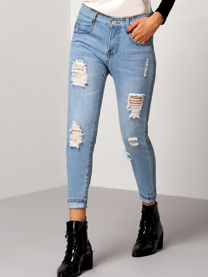 Romwe Blue Slim Ripped Denim Pants