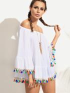 Romwe White Off The Shoulder Bell Sleeve Tassel Trimmed Top