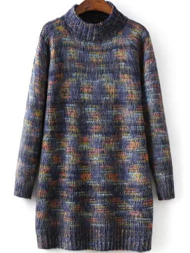 Romwe High Neck Loose Blue Sweater Dress