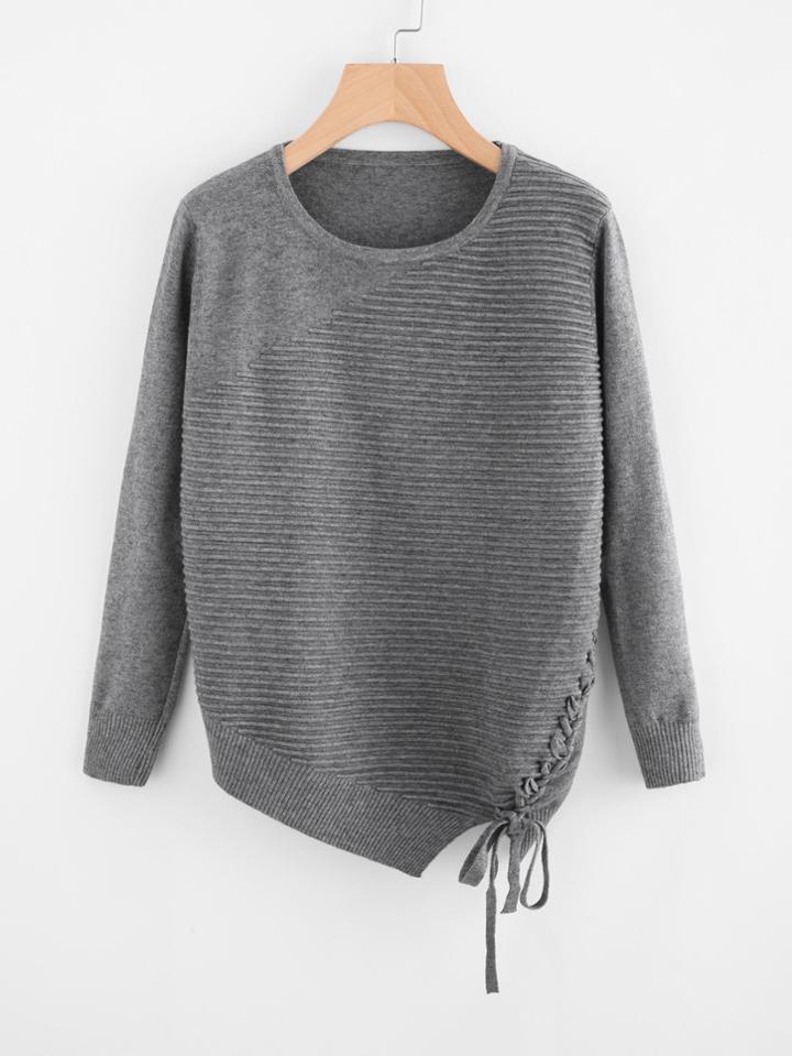 Romwe Lace Up Surplice Ribbed Sweater
