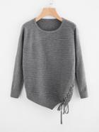 Romwe Lace Up Surplice Ribbed Sweater