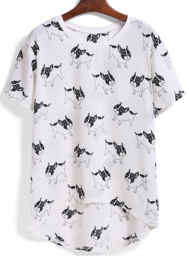 Romwe Dip Hem Dog Print White T-shirt
