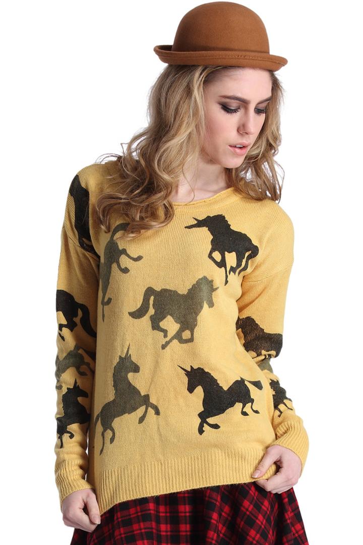 Romwe Romwe Horse Knit Long Sleeves Yellow Jumper
