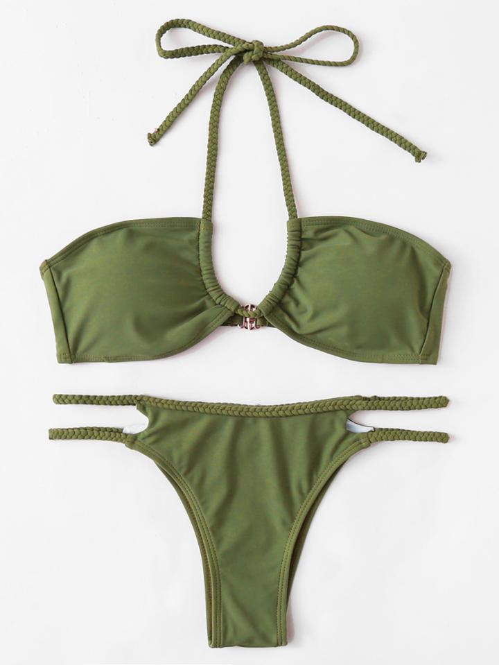 Romwe Braided Strap Cut Out Bikini Set