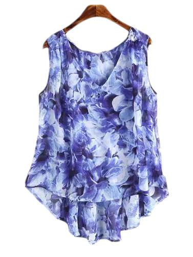 Romwe Blue Sleeveless Dip Hem Chiffon Floral Print Blouse