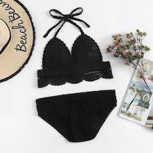Romwe Scalloped Trim Crochet Self Tie Bikini Set