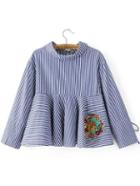 Romwe Blue Vertical Striped Tiger Embroidery Blouse With Tie