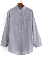 Romwe Stand Collar With Pocket Vertical Striped Grey Blouse