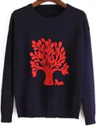 Romwe Tree Embroidered Navy Sweater