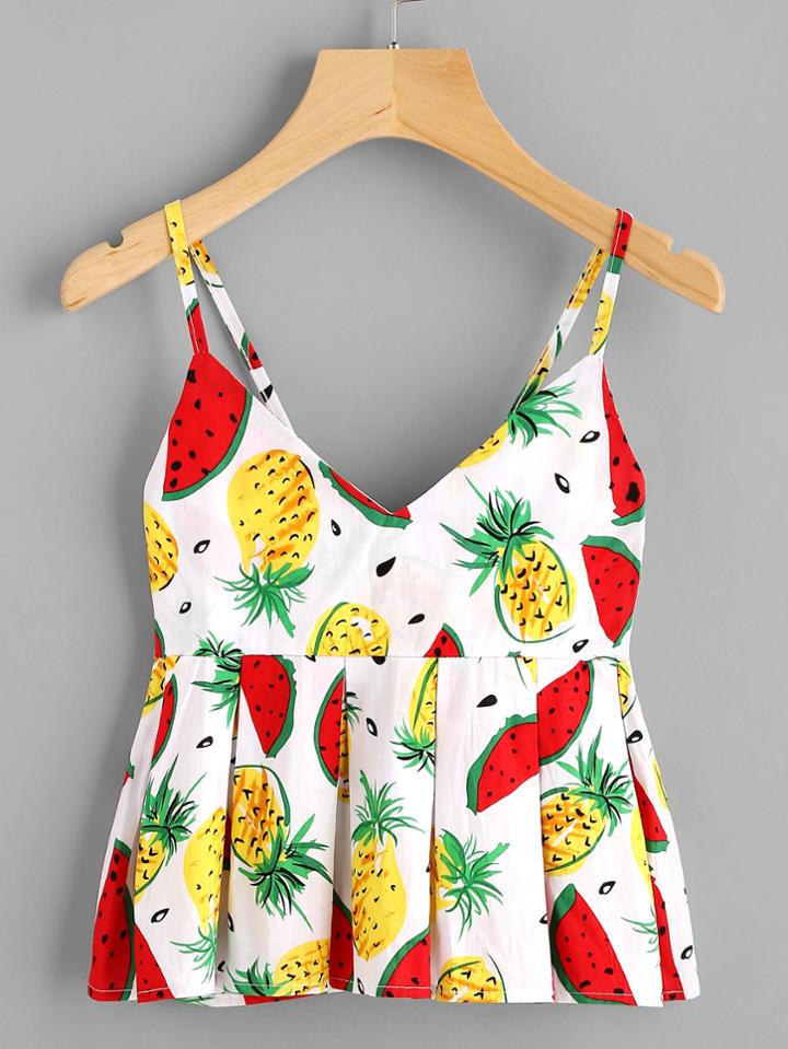 Romwe Fruit Print Random Box Pleated Smock Cami Top