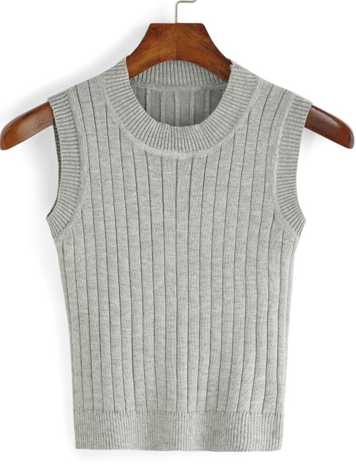 Romwe Round Neck Slim Grey Sweater Vest