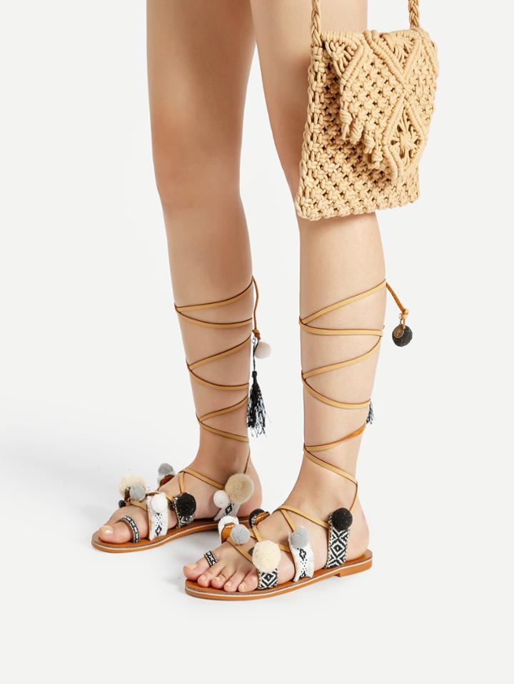 Romwe Pom Pom Embellished Lace Up Gladiator Flat Sandals