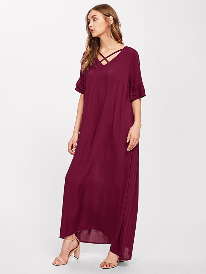 Romwe Tiered Flared Sleeve Criss Cross Maxi Dress