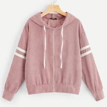 Romwe Zip Up Drawstring Hooded Corduroy Jacket