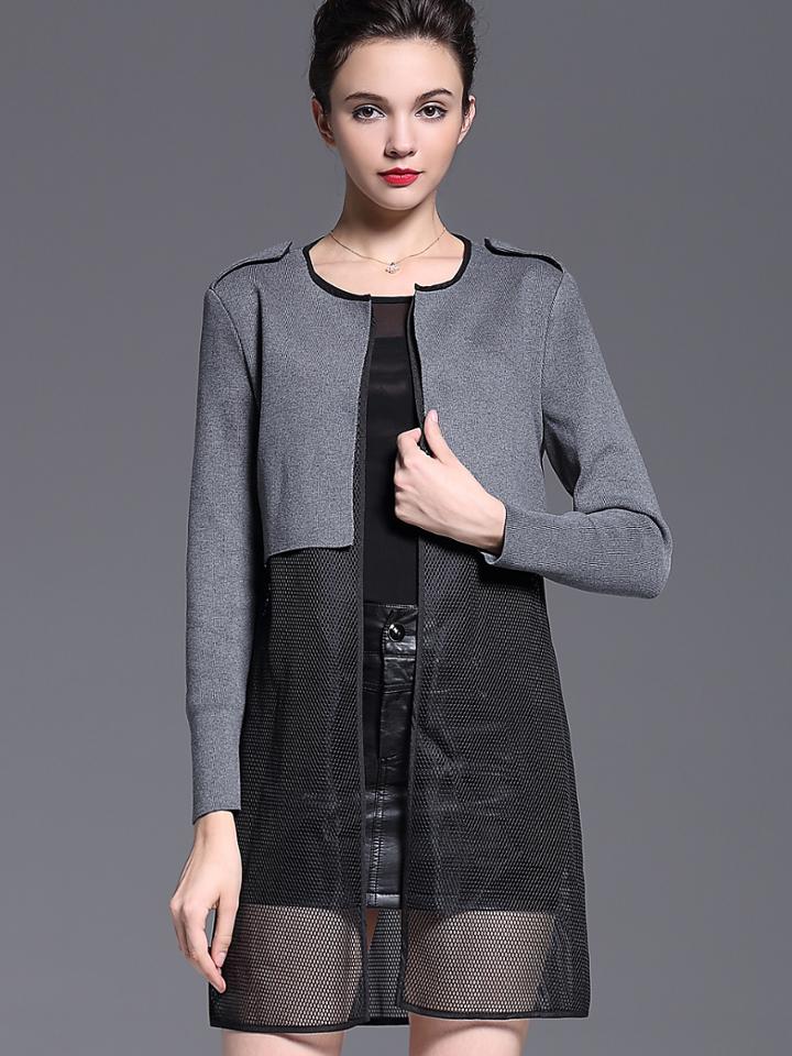 Romwe Grey Round Neck Long Sleeve Contrast Gauze Coat