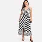 Romwe Plus V Neckline Striped Split Dress