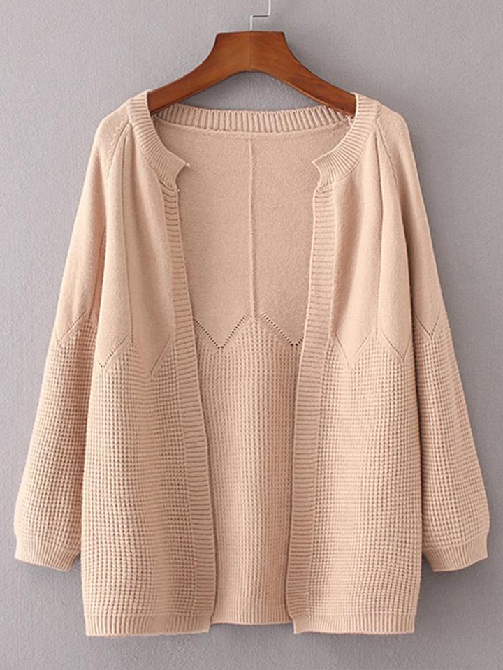 Romwe Waffle Knit Open Front Cardigan