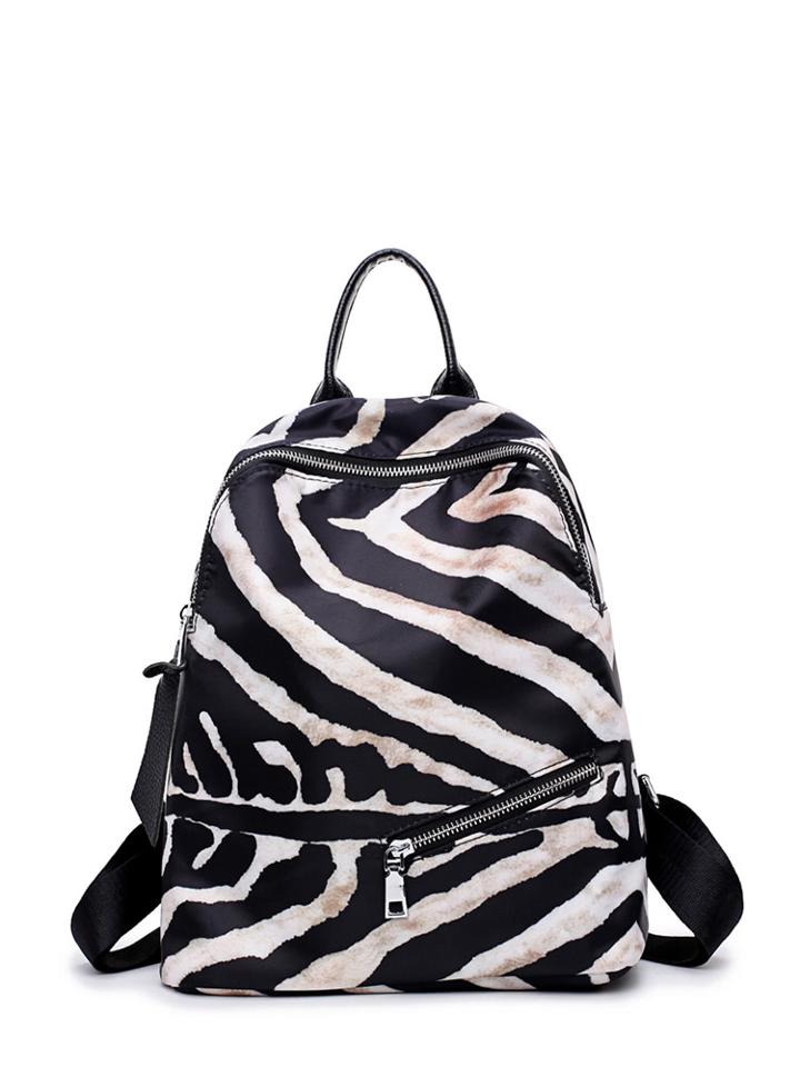 Romwe Zebra Pattern Oblique Zip Front Backpack