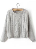 Romwe Cable Knit Slit Back Grey Sweater