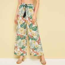 Romwe Tropical Print Wide Leg Belted Pants