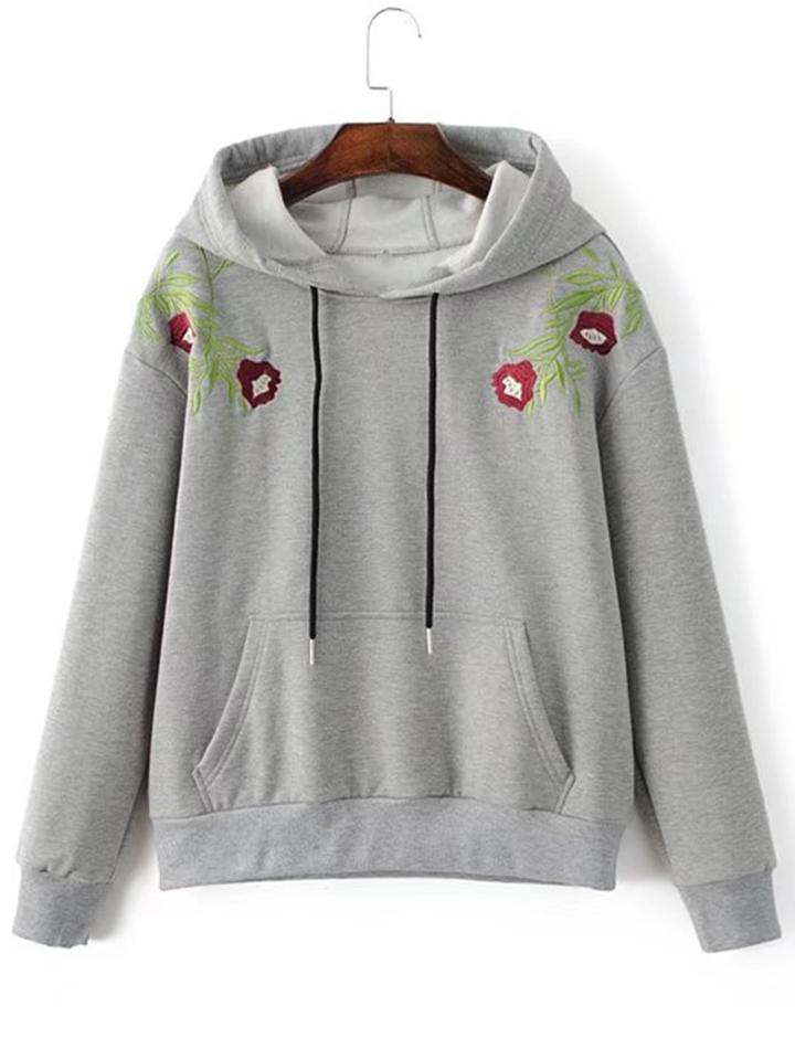 Romwe Kangaroo Pocket Embroidered Hoodie