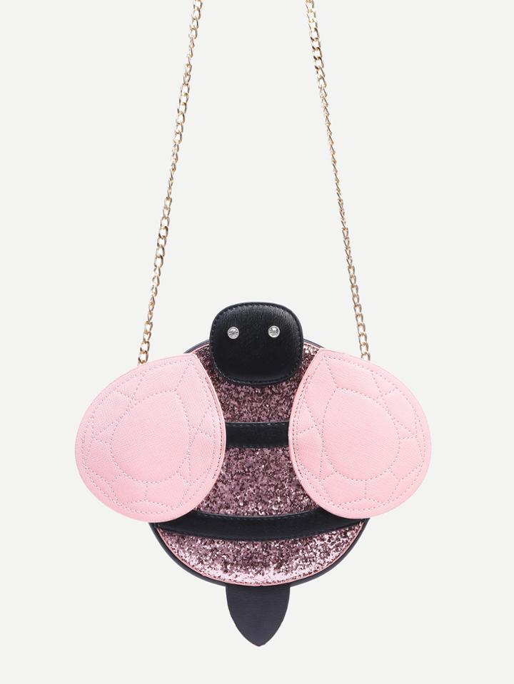 Romwe Pink Bee Shaped Glitter Bag With Chain