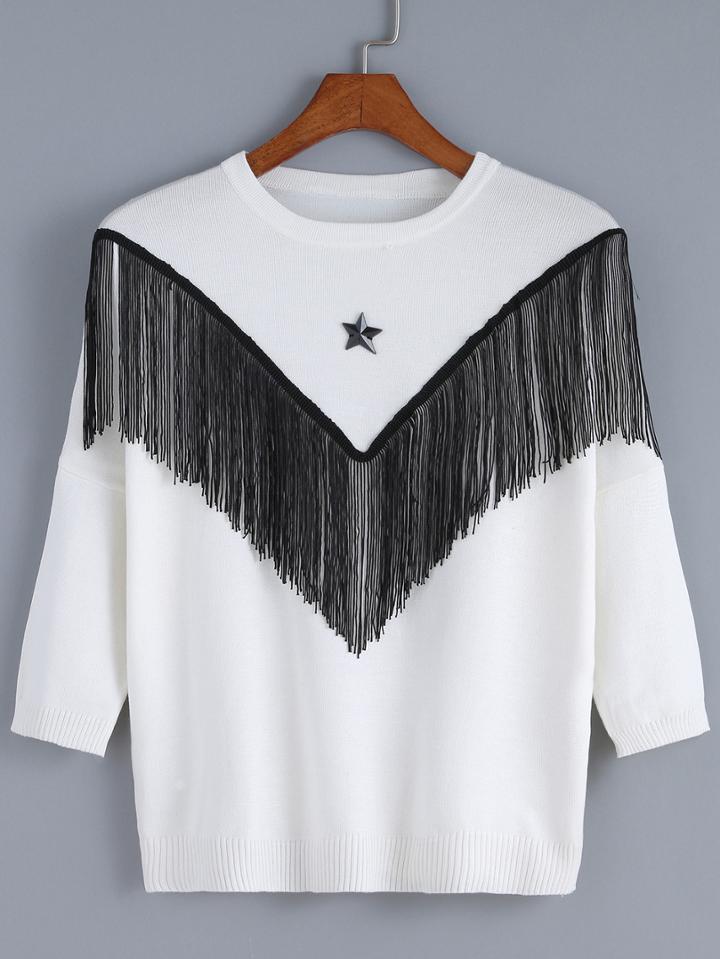 Romwe Star Rivet Tassel Sweater