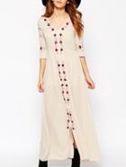 Romwe V Neck Embroidered Hollow Slit Dress