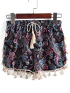 Romwe Drawstring Waist Floral Tassel Shorts