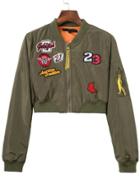 Romwe Army Green Embroidery Patch Crop Jacket