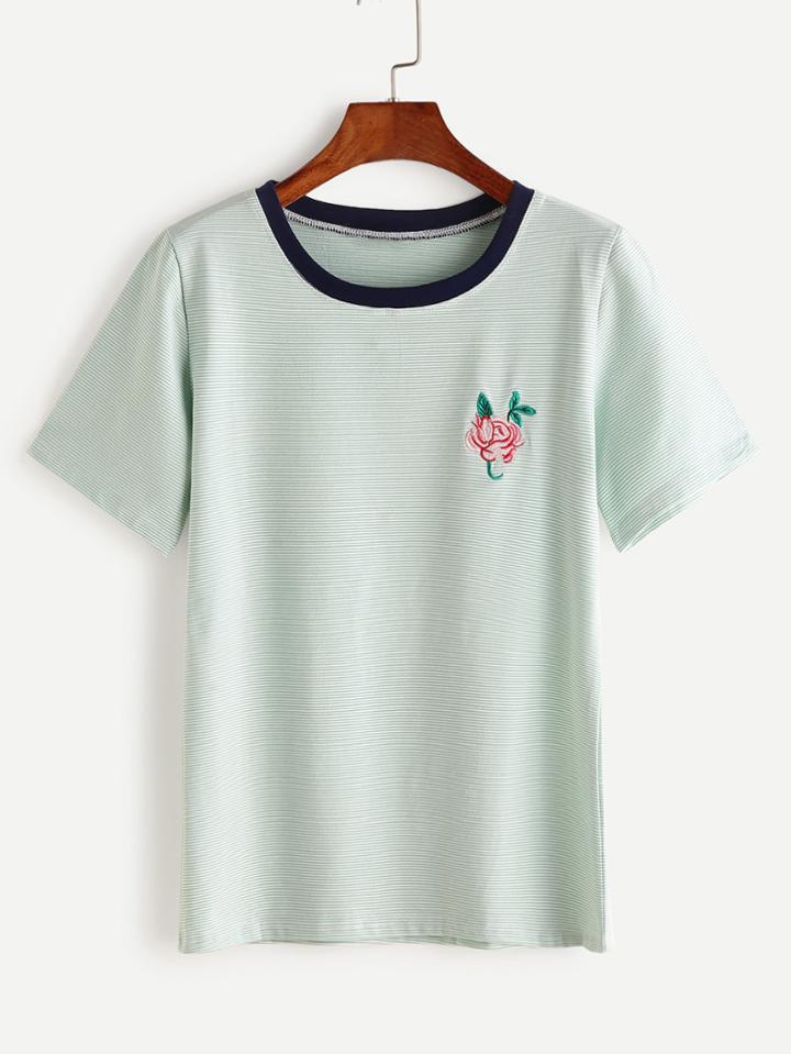 Romwe Green Pinstriped Rose Embroidered T-shirt