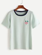Romwe Green Pinstriped Rose Embroidered T-shirt