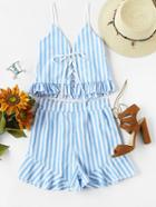 Romwe Striped Eyelet Lace Up Frill Hem Cami Top With Shorts