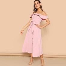 Romwe Flounce Foldover Off Shoulder Button Front Dress