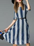 Romwe Navy Color Block Belted Lace Dress
