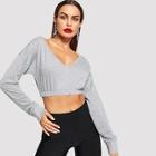 Romwe V Neck Marled Crop Sweatshirt