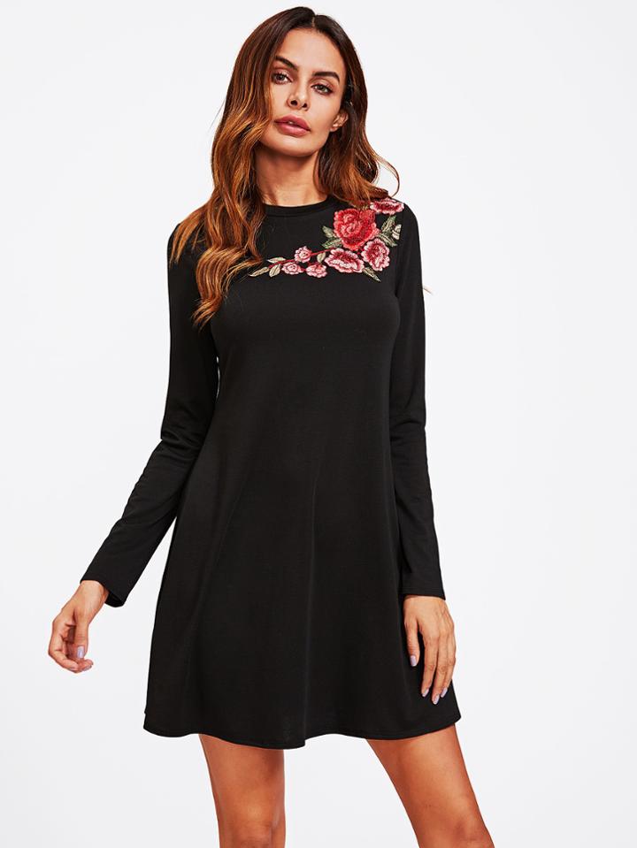 Romwe Flower Embroidery Applique Swing Tee Dress
